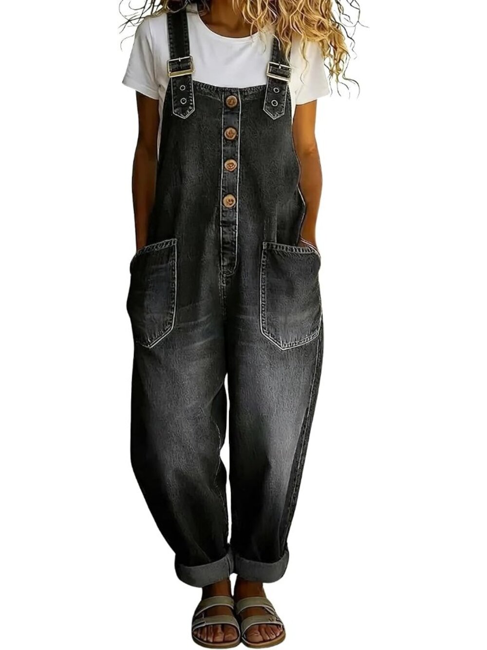 Women's Black Y2K Denim Bib Overall Pants Button Front Wide Leg Jean Jumpsuits